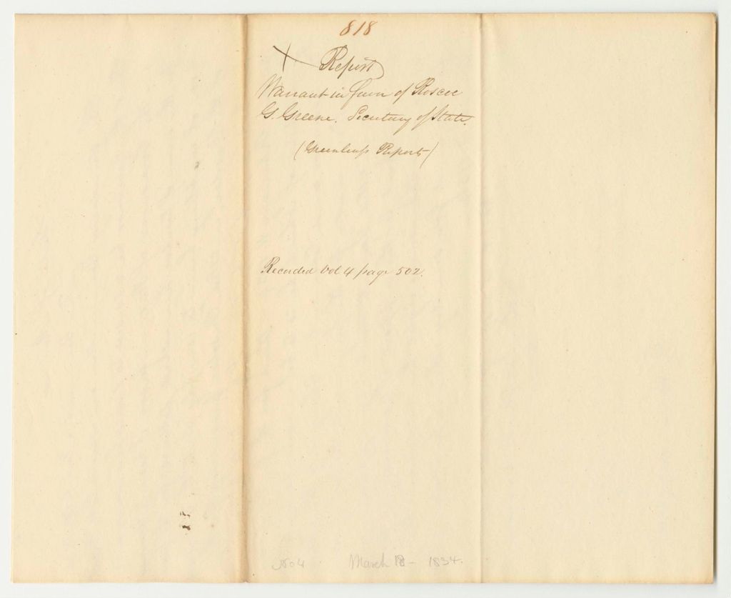Miniature of Report 818: Warrant in Favor of Roscoe G. Greene, Secretary of State, for Greenleaf's Reports
