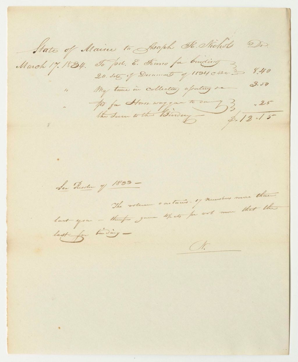 Miniature of Asaph R. Nichol's Bill for Collecting and Binding Documents
