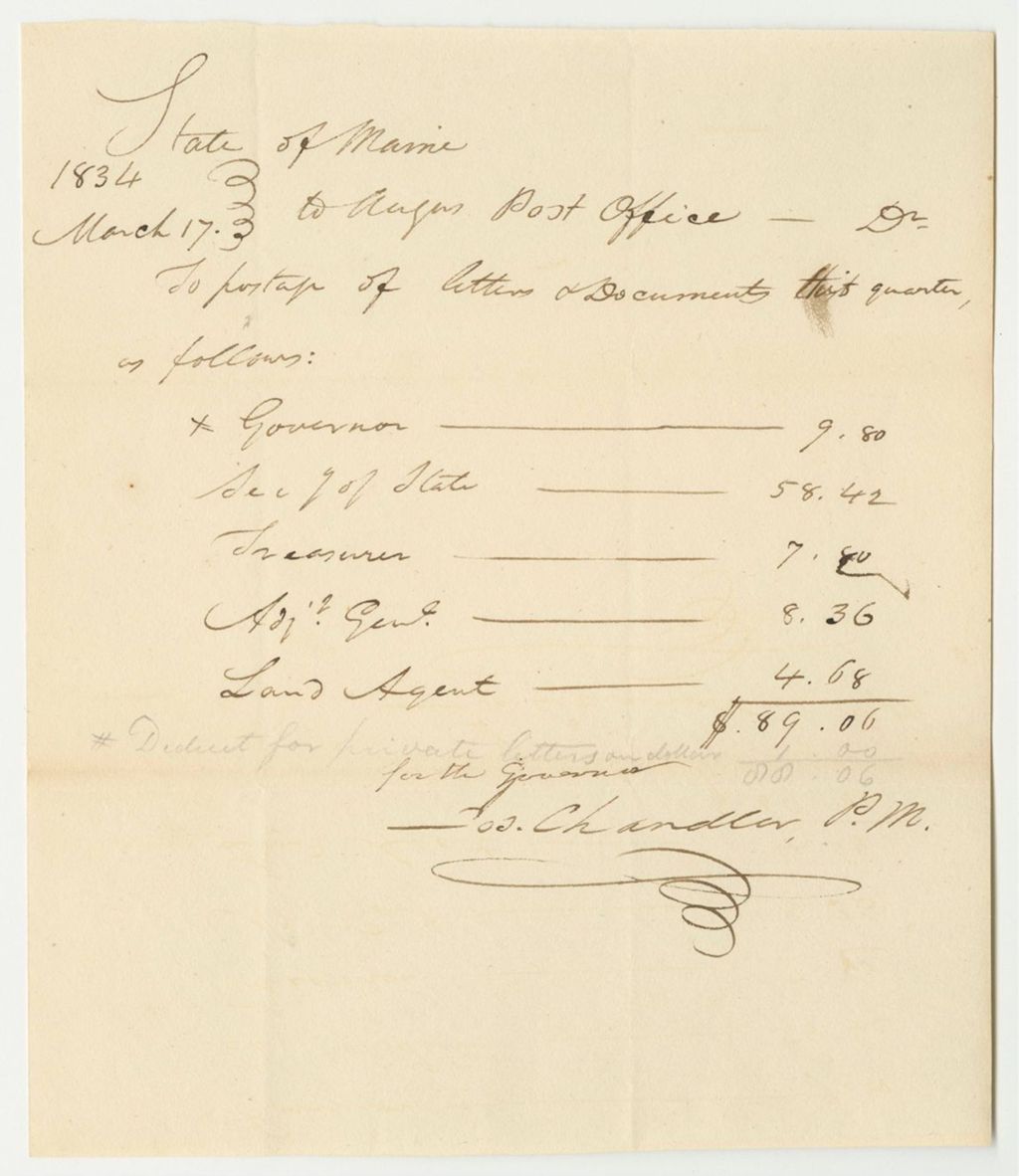 Miniature of Account of Joseph Chandler, Postmaster of Augusta, for Postage