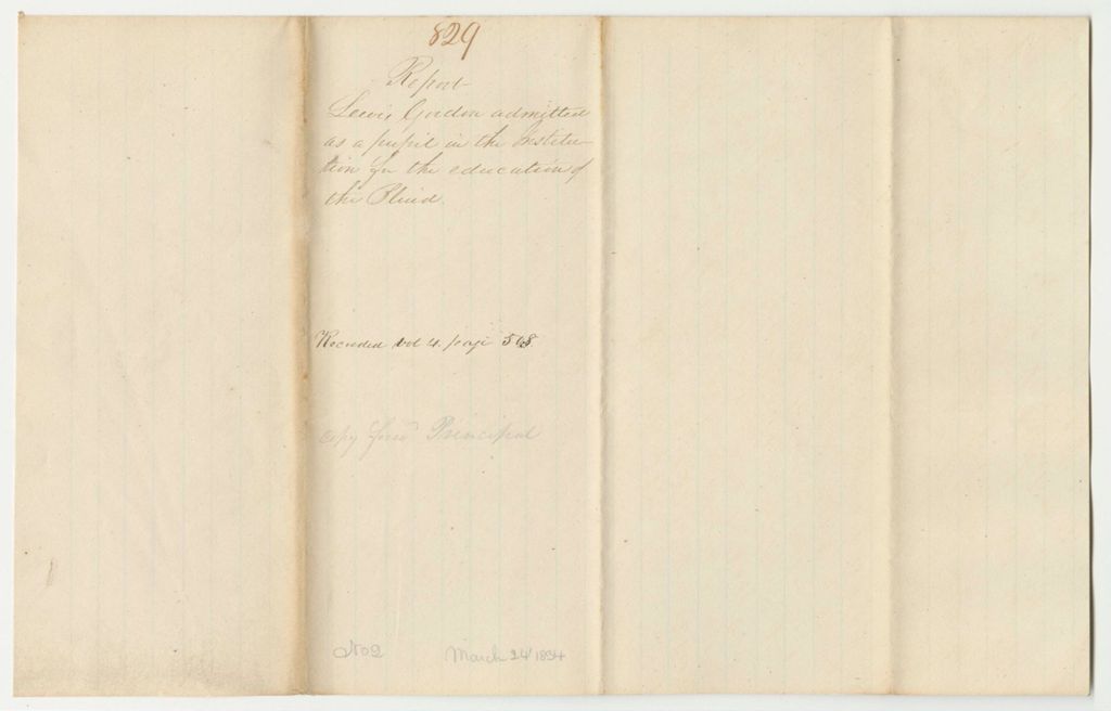 Miniature of Report 829: Report on Lewis Gordon Admitted as a Pupil in the Institution for the Education of the Blind