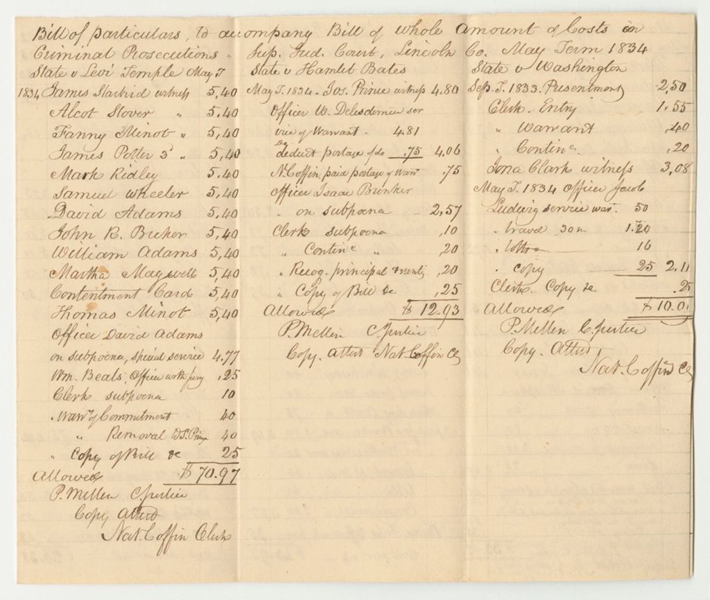 Miniature of Bill of Particulars to Accompany Bill of Whole Amount of Costs Taxed in Criminal Prosecutions at the Supreme Judicial Court in Lincoln County, May Term 1834