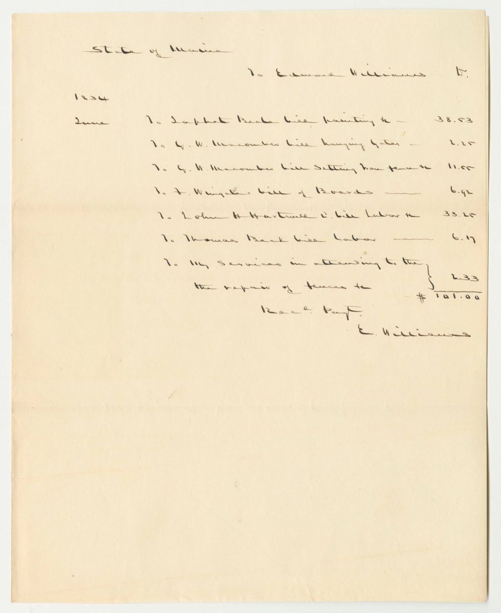 Miniature of Account of Edward Williams for Improving the Public Grounds in Front of the State House