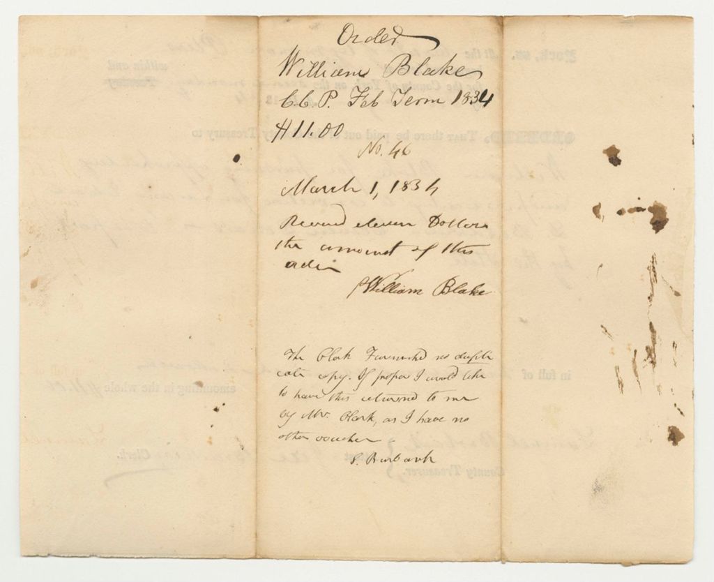 Miniature of Order That the Treasury Pay William Blake for Apprehending and Prosecuting Edward D. Baldwin at the Court of Common Pleas in York County