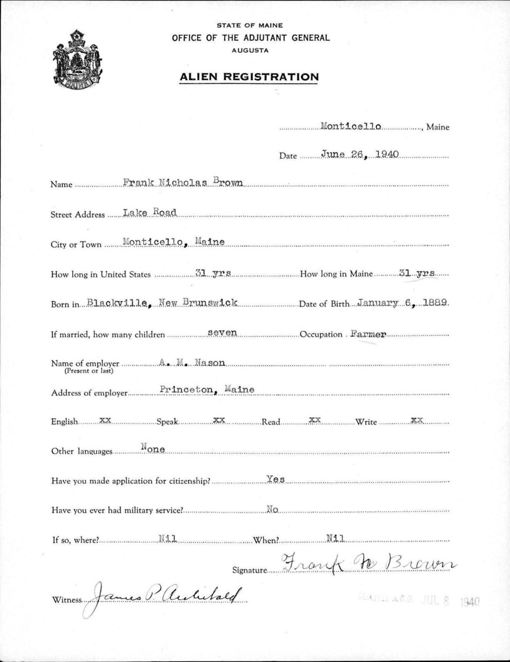 Miniature of Alien Registration- Brown, Frank N. (Monticello, Aroostook County)