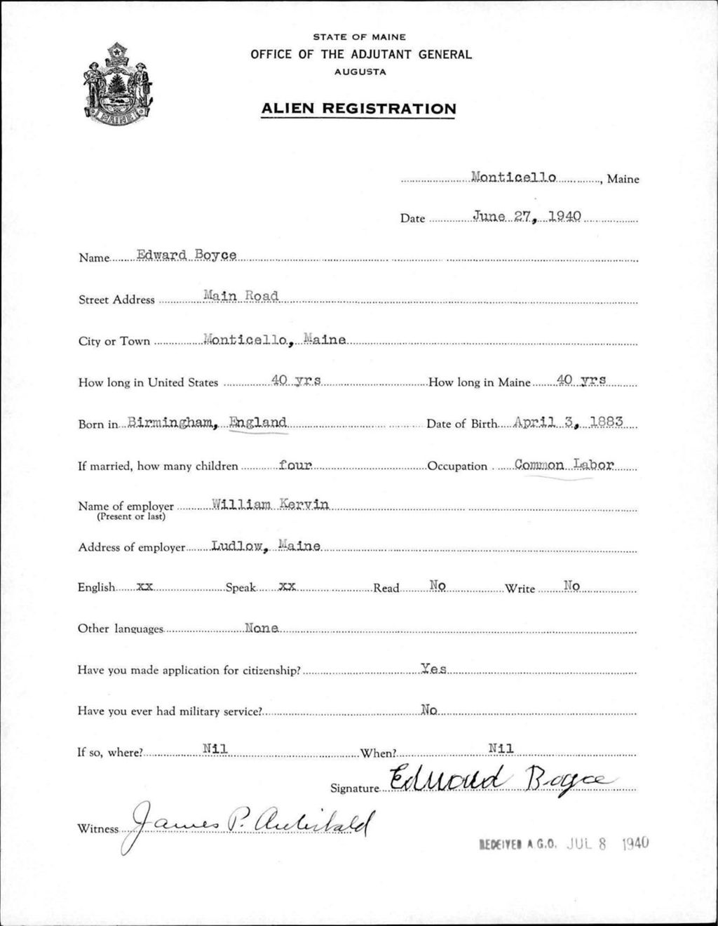Miniature of Alien Registration- Boyce, Edward (Monticello, Aroostook County)