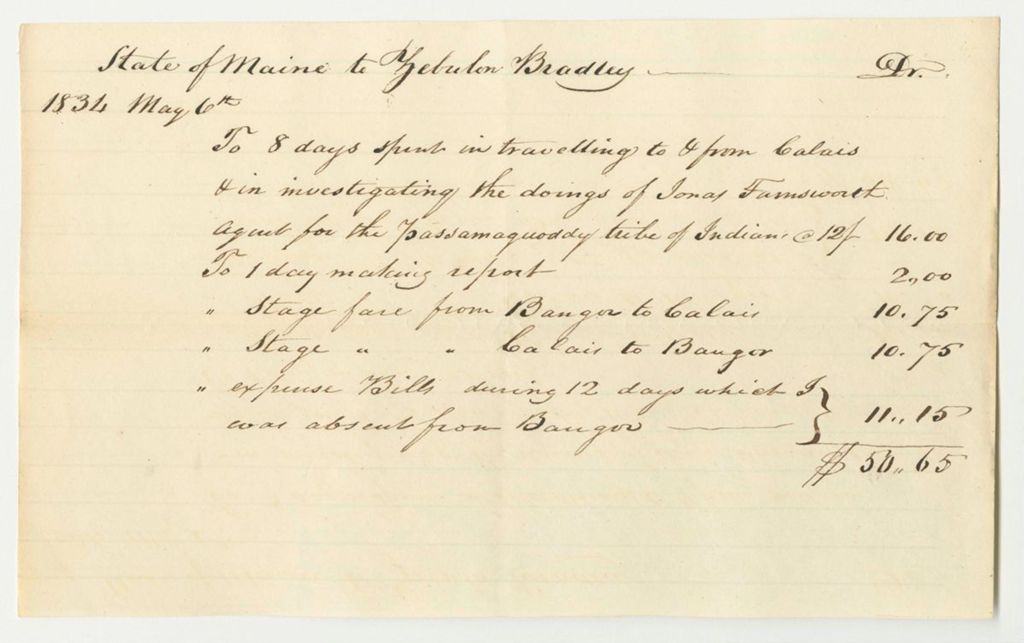 Miniature of Account of Zebulon Bradley, Agent Appointed to Investigate the Doings of Jonas Farnsworth, Passamaquoddy Indian Agent