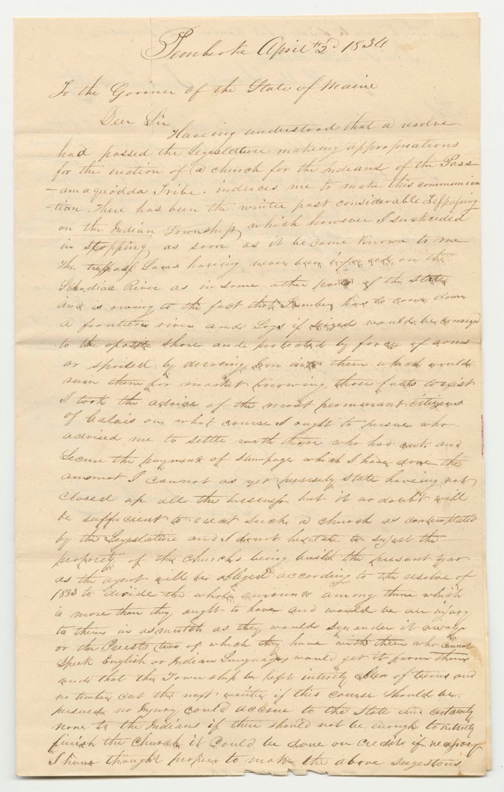 Miniature of Communication from Jonas Farnsworth, Agent of Passamaquoddy Indians, on the Construction of a Church and Trespassing on Passamaquoddy Land