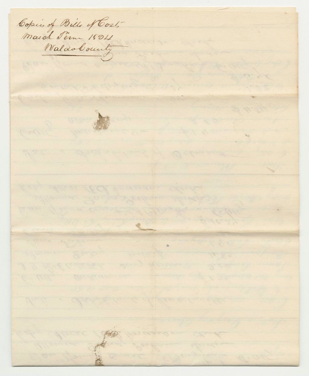 Miniature of Bills of Cost at the Court of Common Pleas in Waldo County, March Term 1834