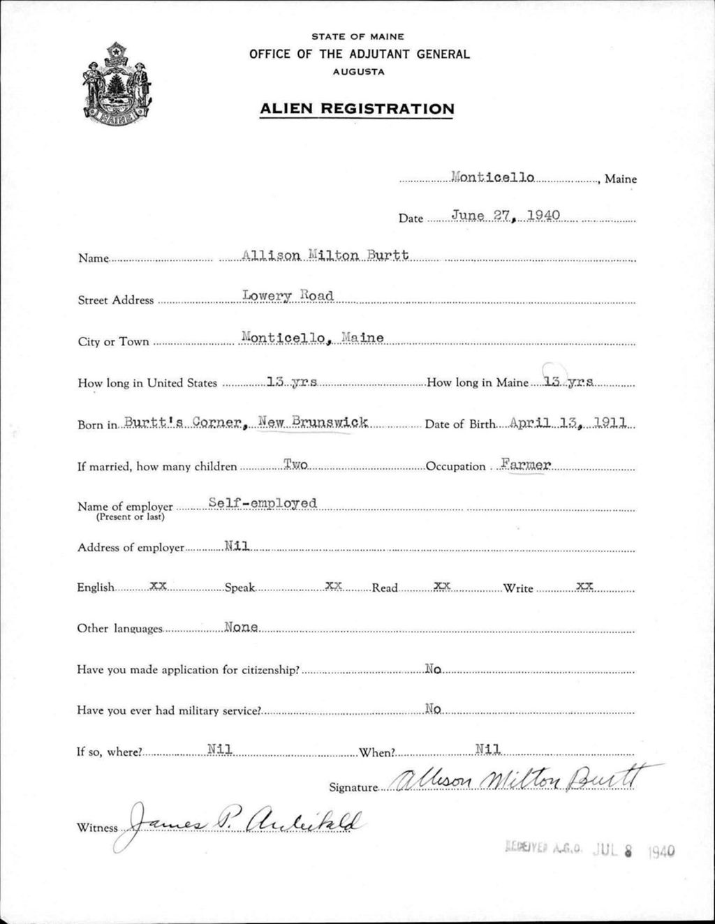 Miniature of Alien Registration- Burtt, Allison M. (Monticello, Aroostook County)