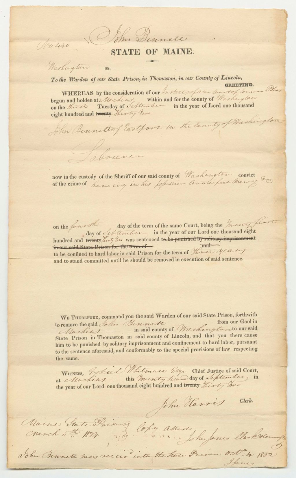 Miniature of Warrant for John Bennett, at the Court of Common Pleas of Lincoln County