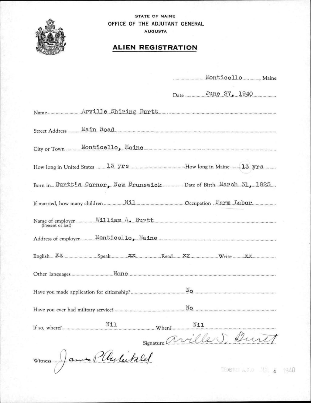 Miniature of Alien Registration- Burtt, Arville S. (Monticello, Aroostook County)