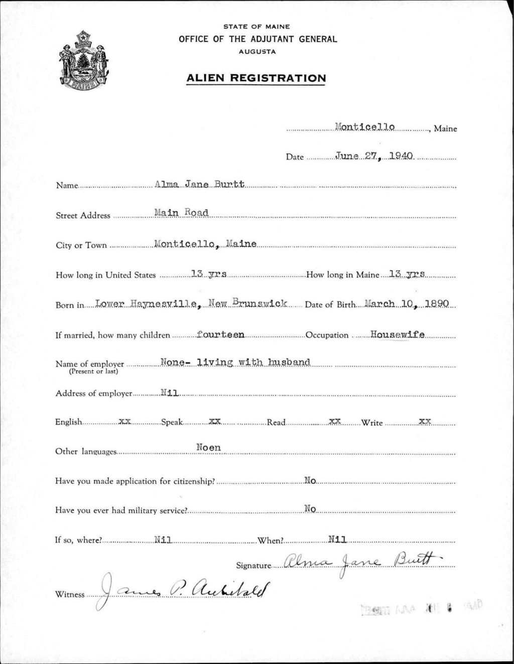 Miniature of Alien Registration- Burtt, Alma J. (Monticello, Aroostook County)