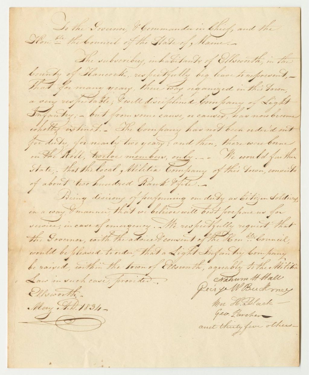 Miniature of Petition of Nahum H. Hall and Others To Be Organized as Light Infantry in Ellsworth