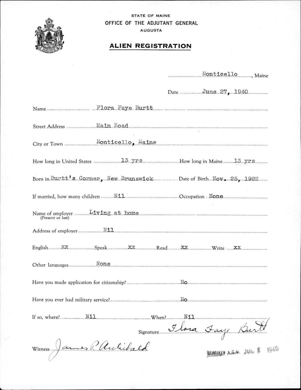 Miniature of Alien Registration- Burtt, Flora F. (Monticello, Aroostook County)