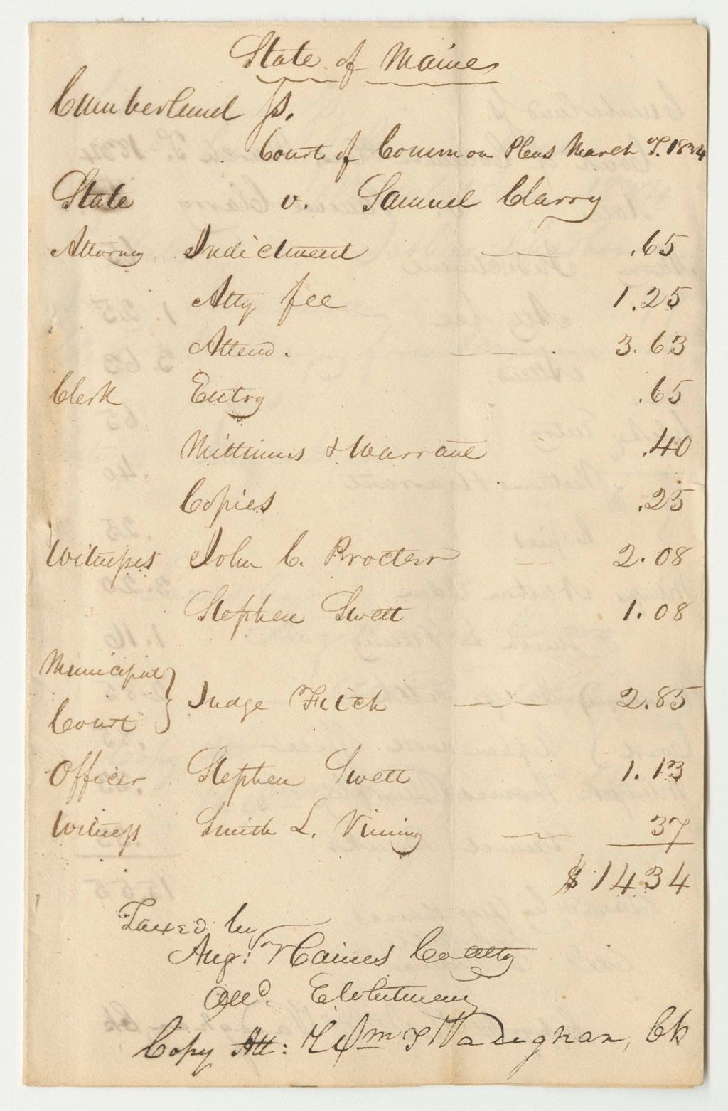 Miniature of Bills of Costs at the Court of Common Pleas in Cumberland County, March Term 1834
