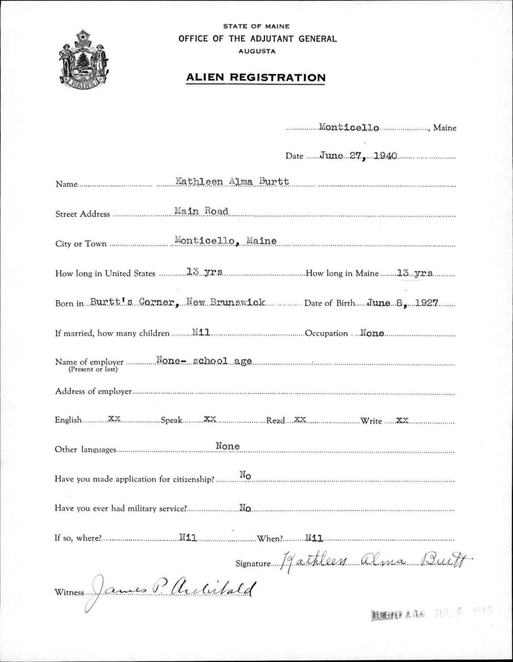 Miniature of Alien Registration- Burtt, Kathleen A. (Monticello, Aroostook County)