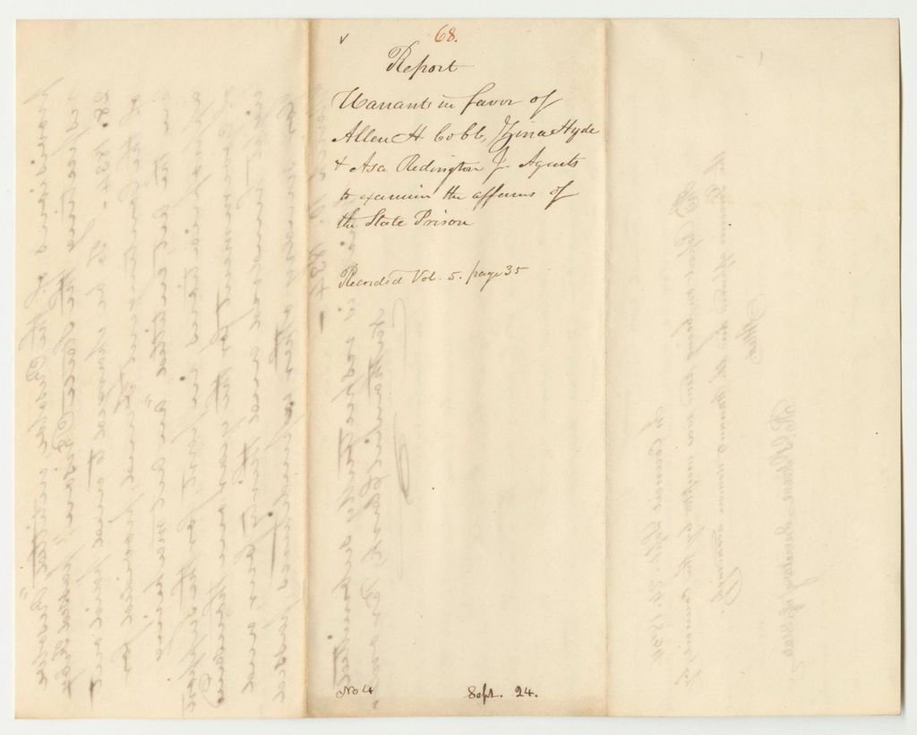 Miniature of Report 68: Warrants in Favor of Allen H. Cobb, Zinas Hyde, and Asa Redington, Jr., Agents to Examine the Affairs of the State Prison