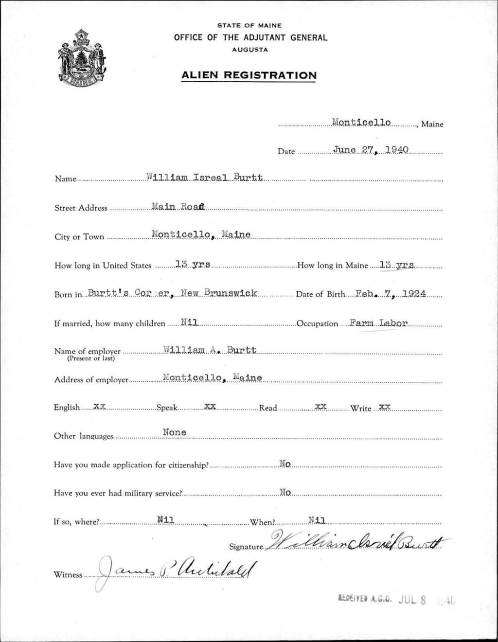 Miniature of Alien Registration- Burtt, William I. (Monticello, Aroostook County)