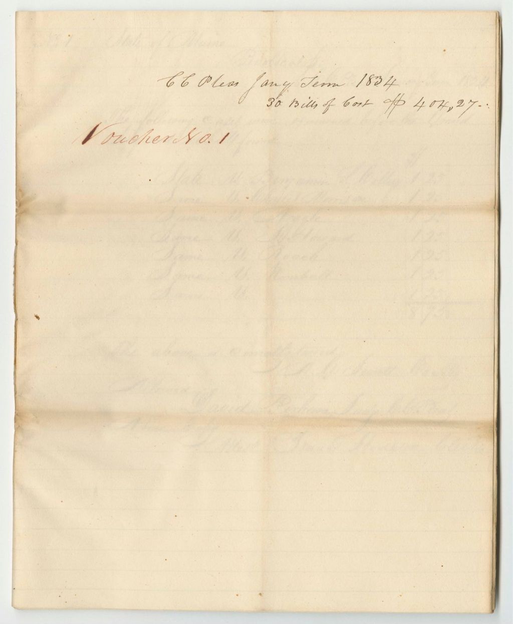 Miniature of Bills of Cost at the Court of Common Pleas of Penobscot County, January Term 1834