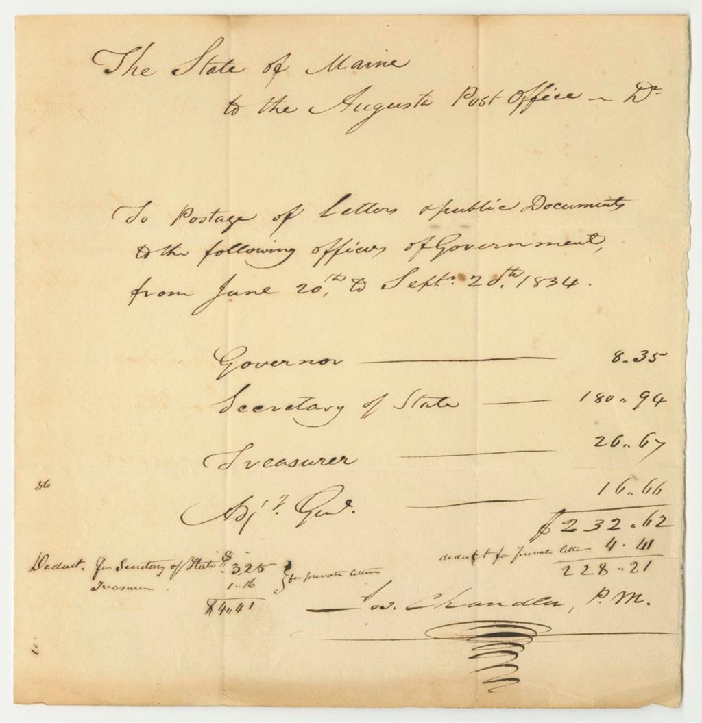 Miniature of Account of Joseph Chandler, Postmaster of Augusta, for Postage of Letters and Public Documents