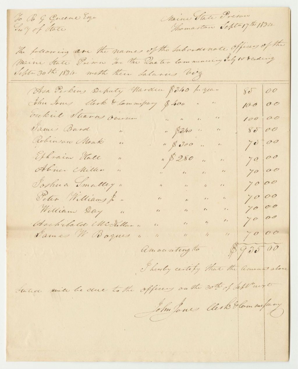 Miniature of List of Names of the Subordinate Officers of the Maine State Prison for the Quarter Commencing July 1st and Ending September 30th 1834 With Their Salaries
