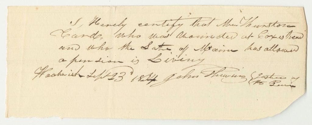 Miniature of Certificate of John Thwing for the Pension of Thurston Card