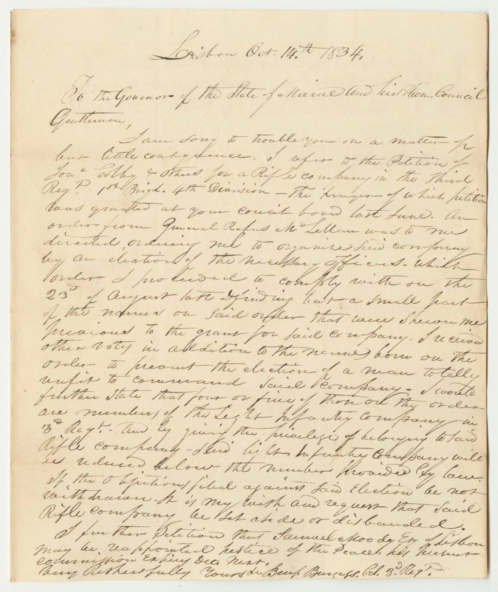 Miniature of Communication from Benjamin Burgess, Relating to the Petition of Jonathon Colby and Others for a Rifle Company in the Third Regiment 1st Brigade 4th Division