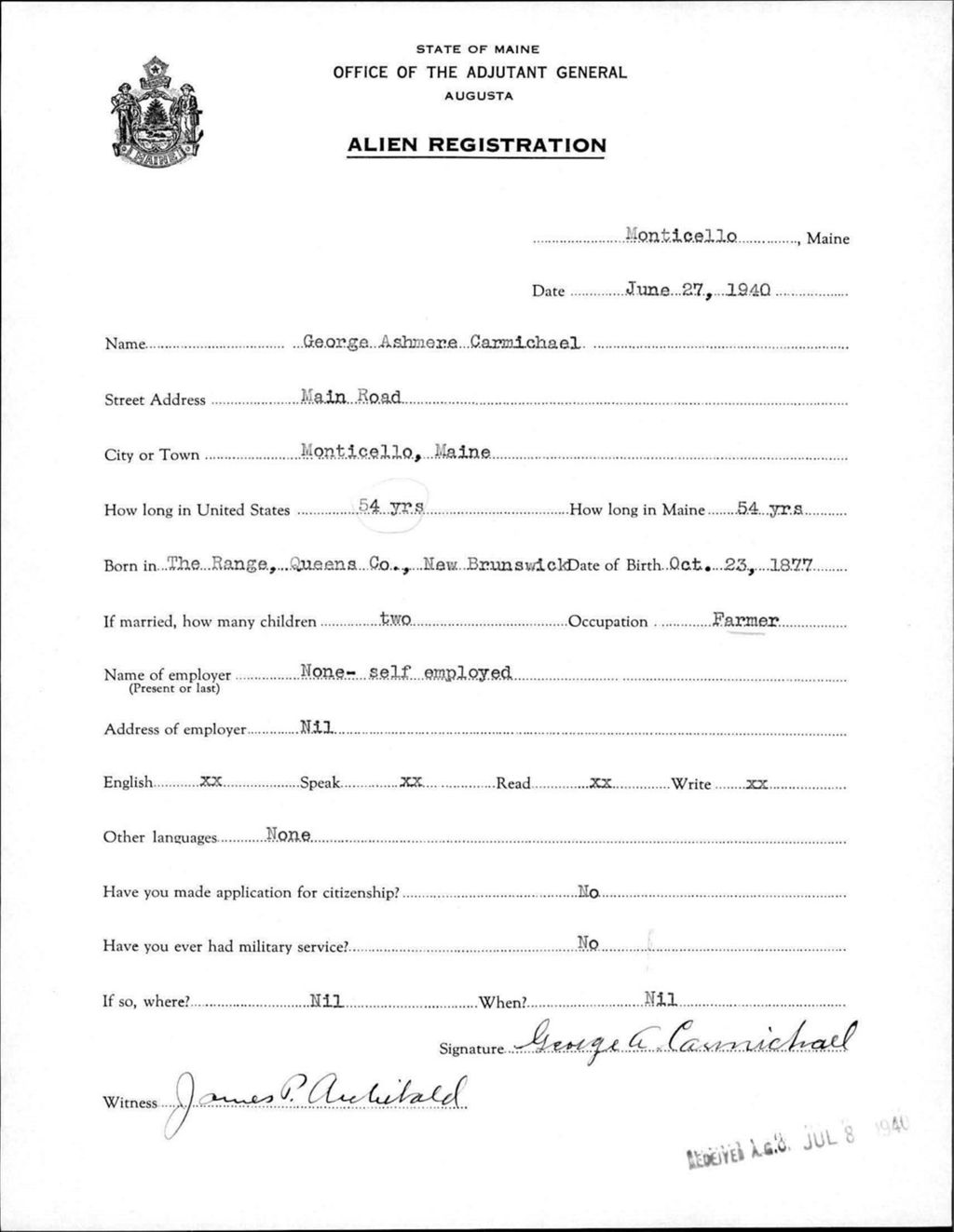 Miniature of Alien Registration- Carmichael, George A. (Monticello, Aroostook County)