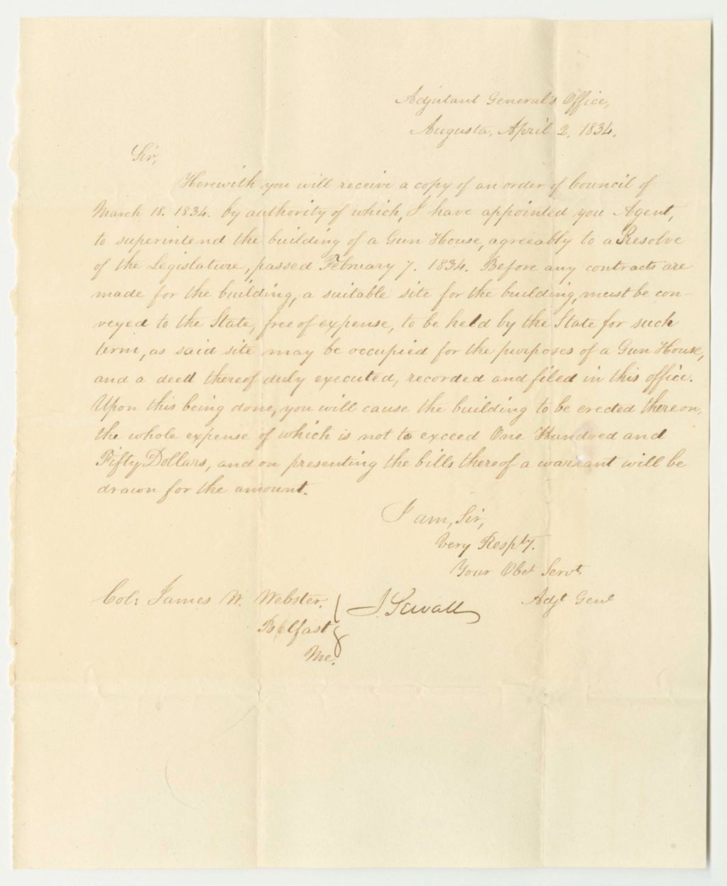 Miniature of Communication from John Sewall, Enclosing a Copy of the Order of Council Appointing James W. Webster as Agent to Superintend the Building of a Gun House