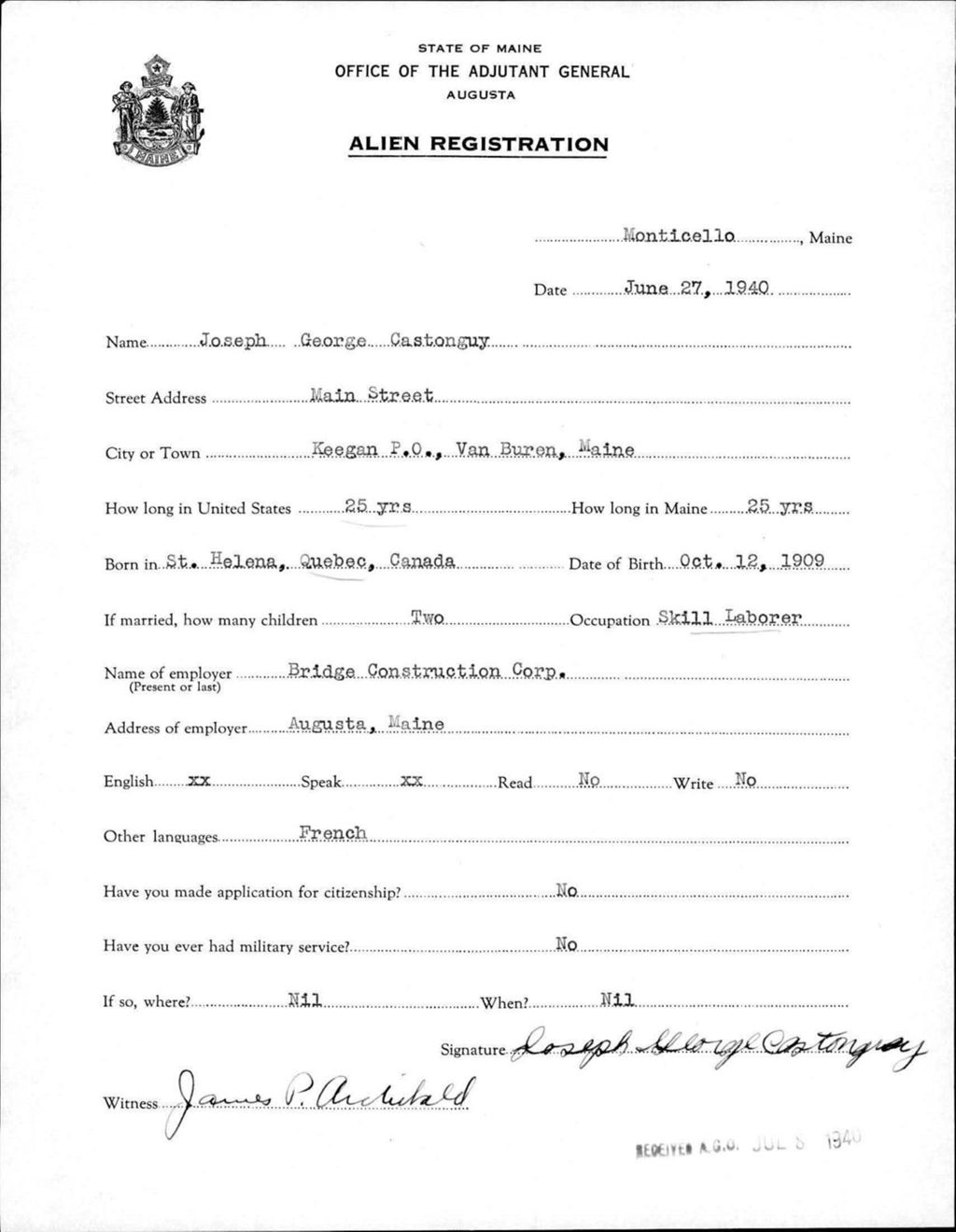 Miniature of Alien Registration- Castonguy, Joseph G. (Monticello, Aroostook County)