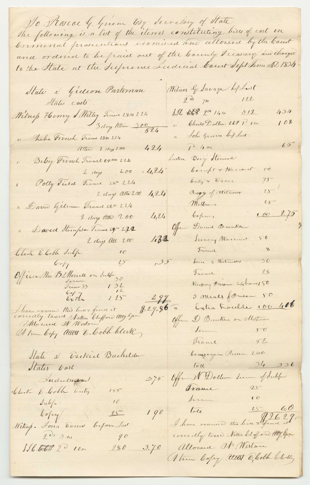 Miniature of List of Items Constituting Bills of Cost in Criminal Prosecutions Examined and Allowed by the Court and Ordered To Be Paid Out of the County Treasury and Charged to the State at the Supreme Judicial Court of Somerset County, September Term 1834