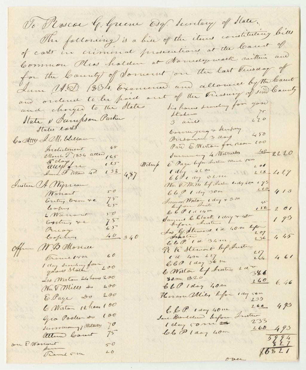 Miniature of Bill of Items Constituting Bills of Cost in Criminal Prosecutions at the Court of Common Pleas Holden at Norridgewock Within and for the County of Somerset, Examined and Allowed by the Court and Ordered To Be Paid Out of the County Treasury and Charged to the State at the Supreme Judicial Court of Somerset County, June Term 1834