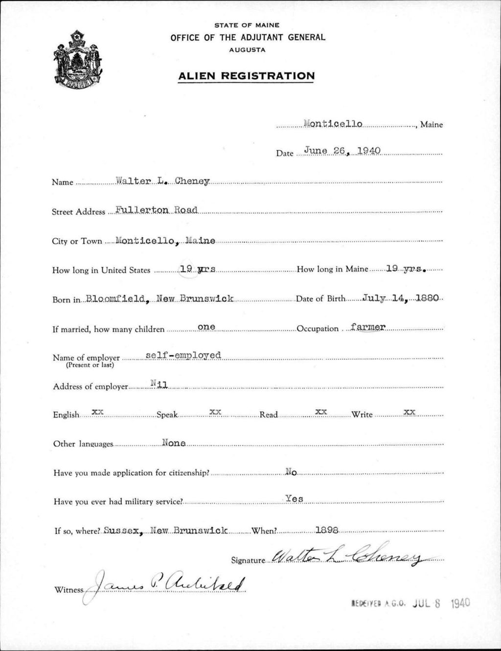 Miniature of Alien Registration- Cheney, Walter L. (Monticello, Aroostook County)