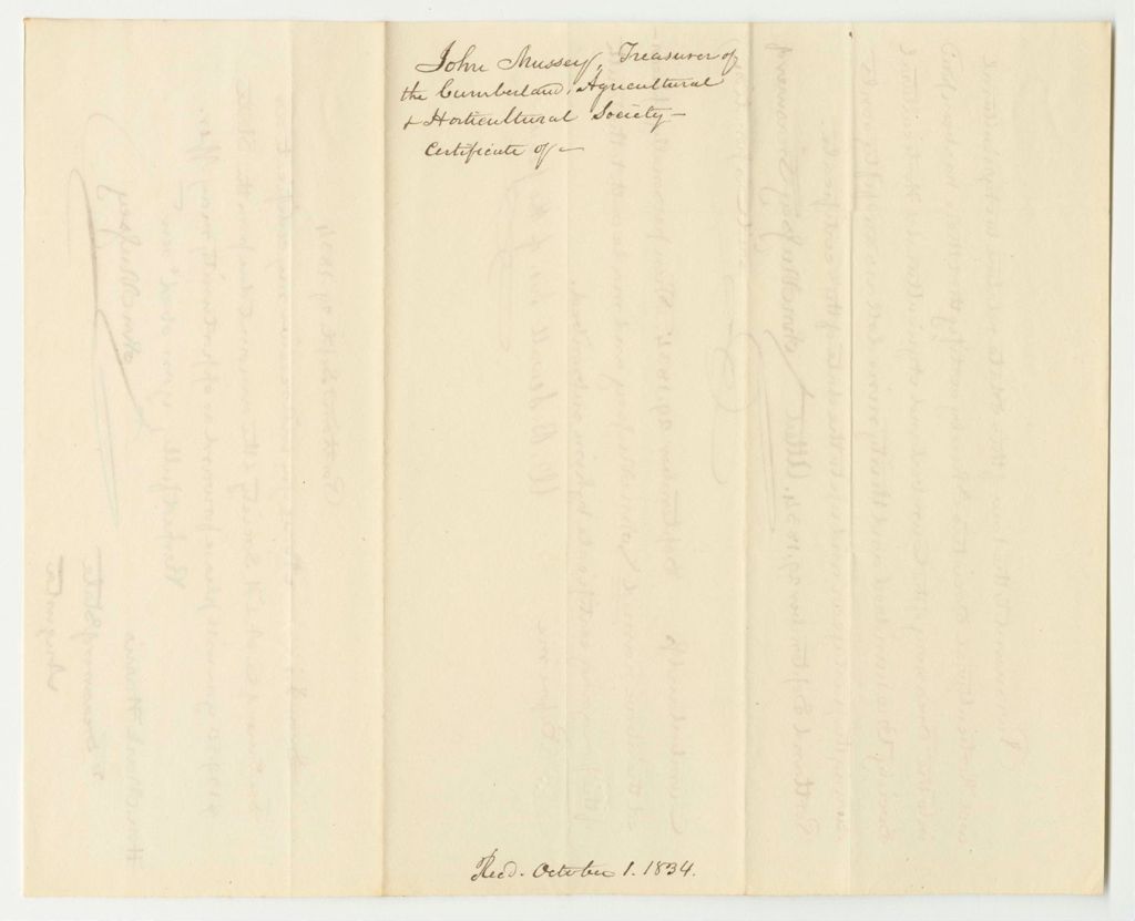 Miniature of Certificate of John Mussey, Treasurer of the Cumberland Agricultural Society, of the Funds Deposited in the Treasury of Said Society