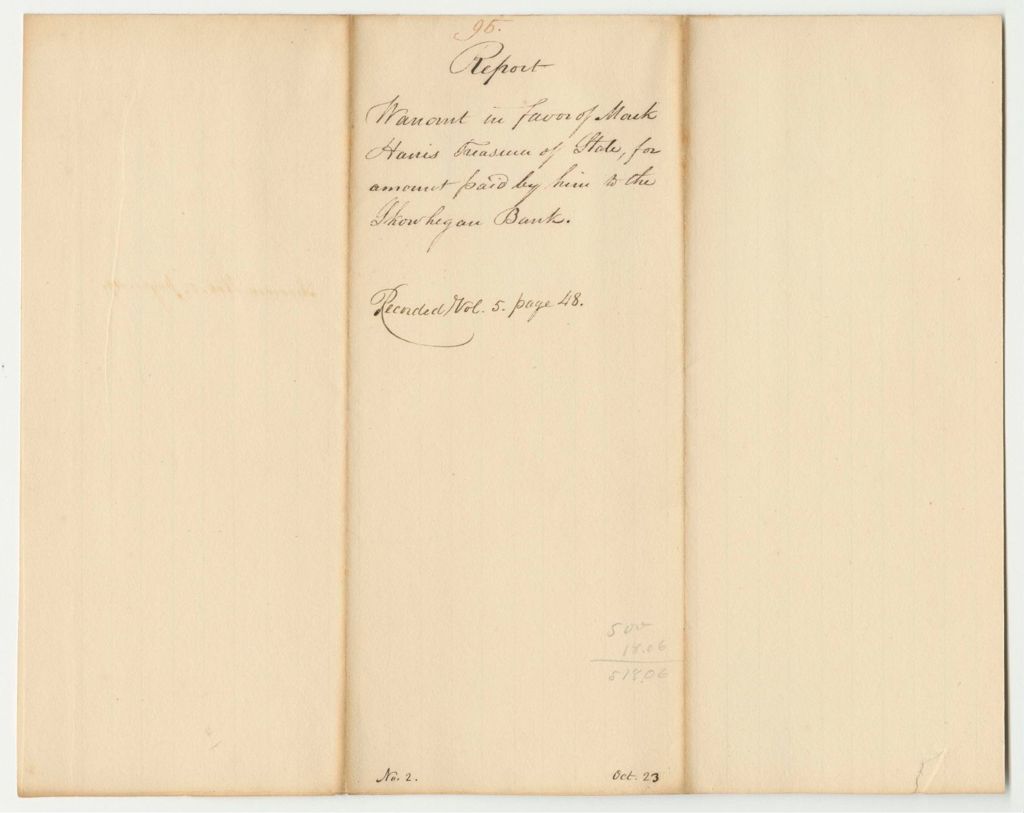 Miniature of Report 95: Warrant in Favor of Mark Harris, State Treasurer, for the Amount Paid to the Skowhegan Bank
