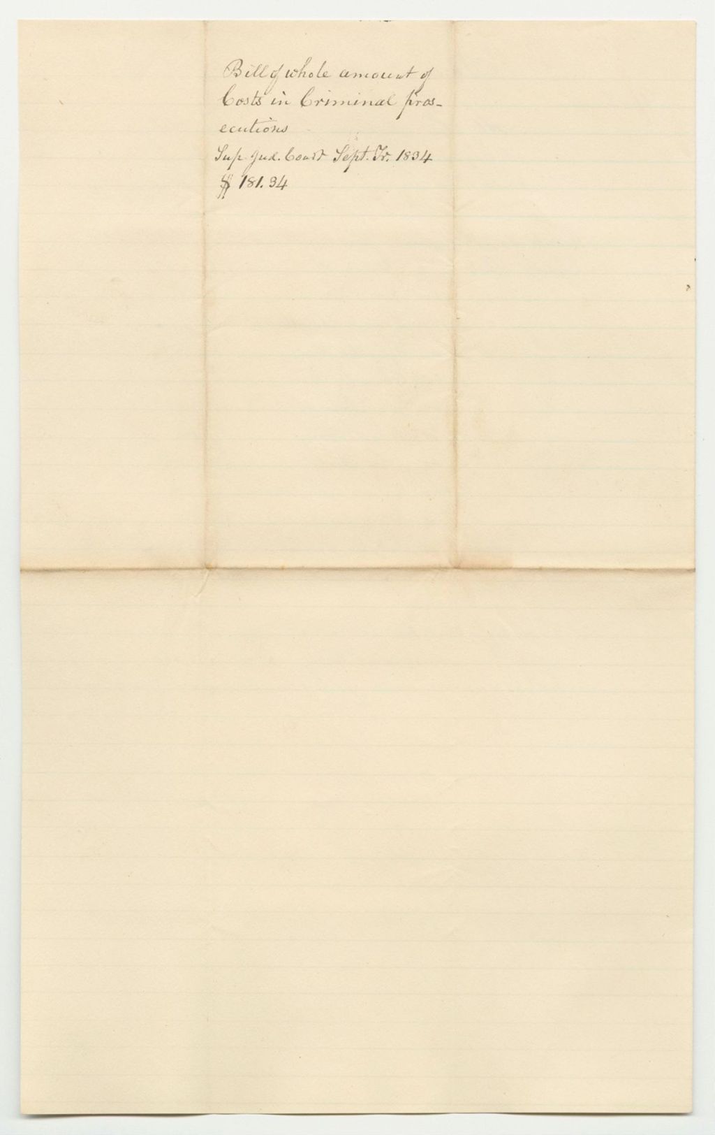 Miniature of Bill of Whole Amount of Costs in Criminal Prosecution at the Supreme Judicial Court of York County, September Term 1834