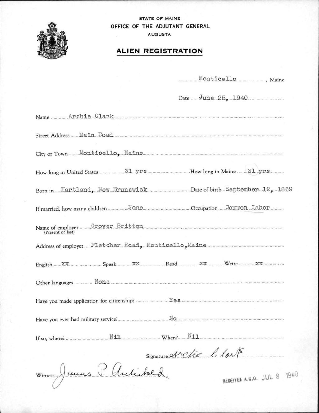 Miniature of Alien Registration- Clark, Archie (Monticello, Aroostook County)