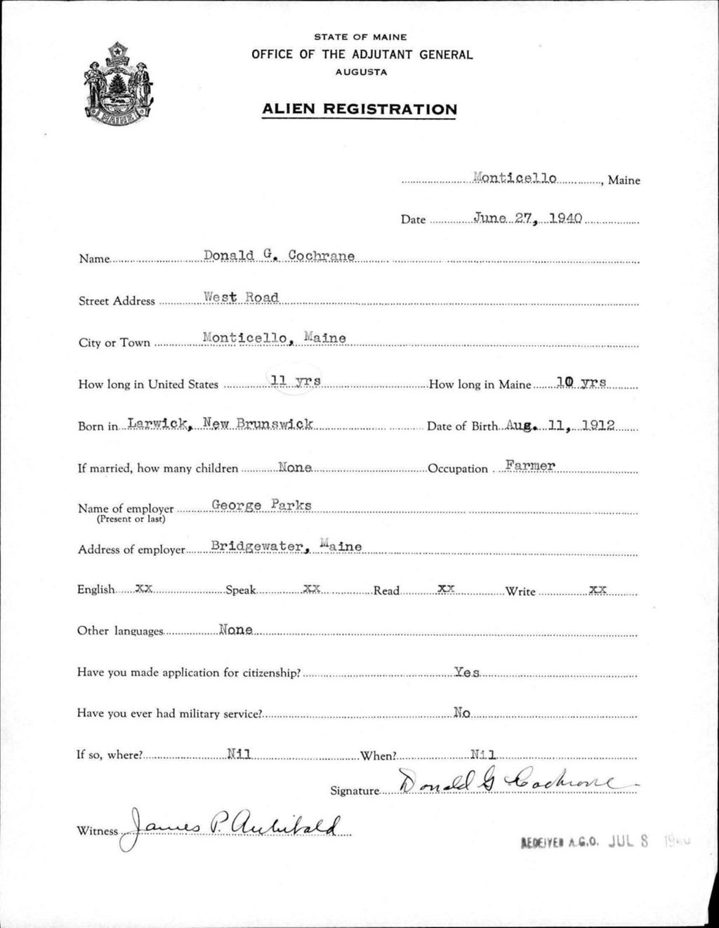 Miniature of Alien Registration- Cochrane, Donald G. (Monticello, Aroostook County)
