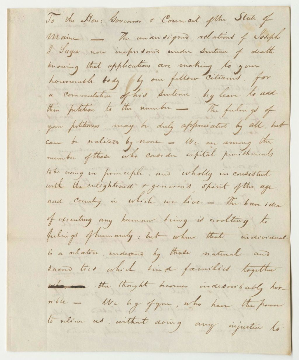 Miniature of Petition of the Relations of Joseph Sager for the Commutation of the Sentence of Joseph Sager from Death to Perpetual Imprisonment