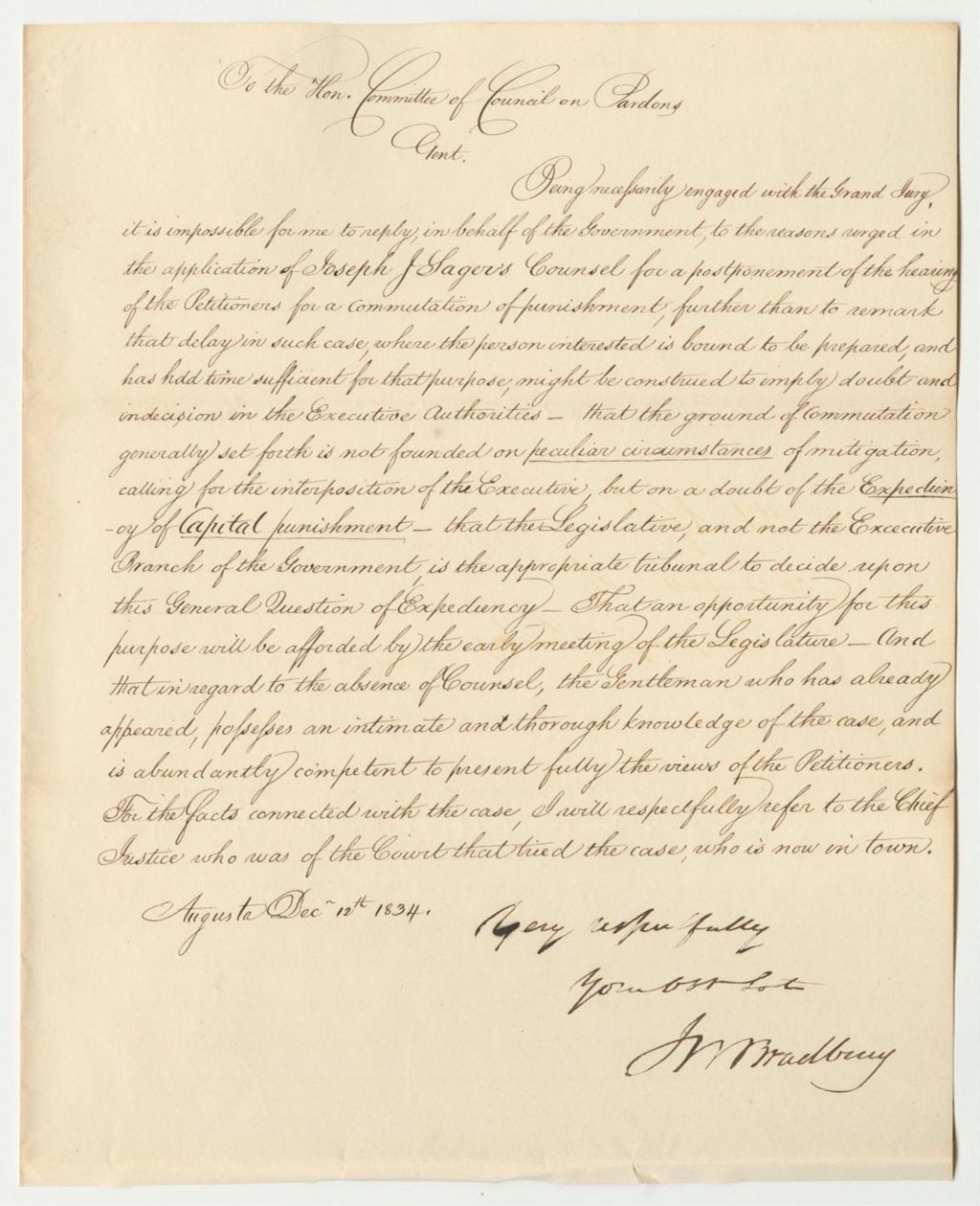Miniature of Communication from J. Bradbury, Relating to the Petitions for the Commutation of Joseph Sager's Death Sentence