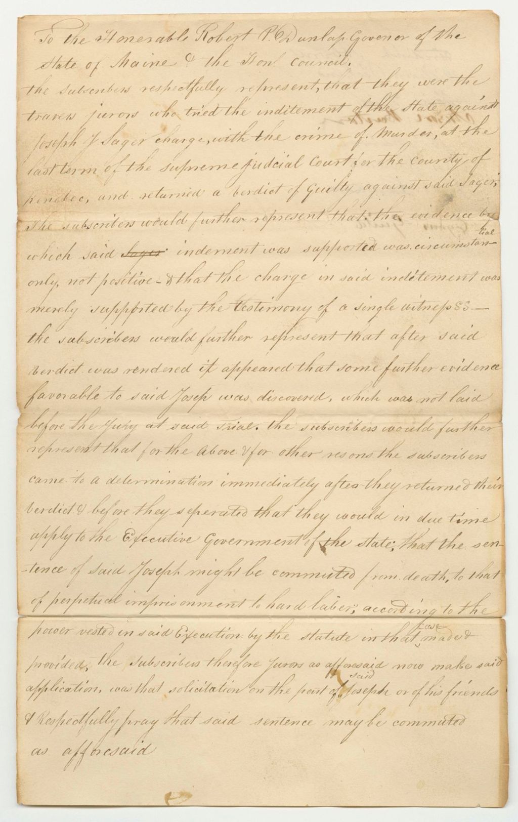 Miniature of Petition of the Traverse Jurors for the Commutation of the Sentence of Joseph Sager from Death to Perpetual Imprisonment