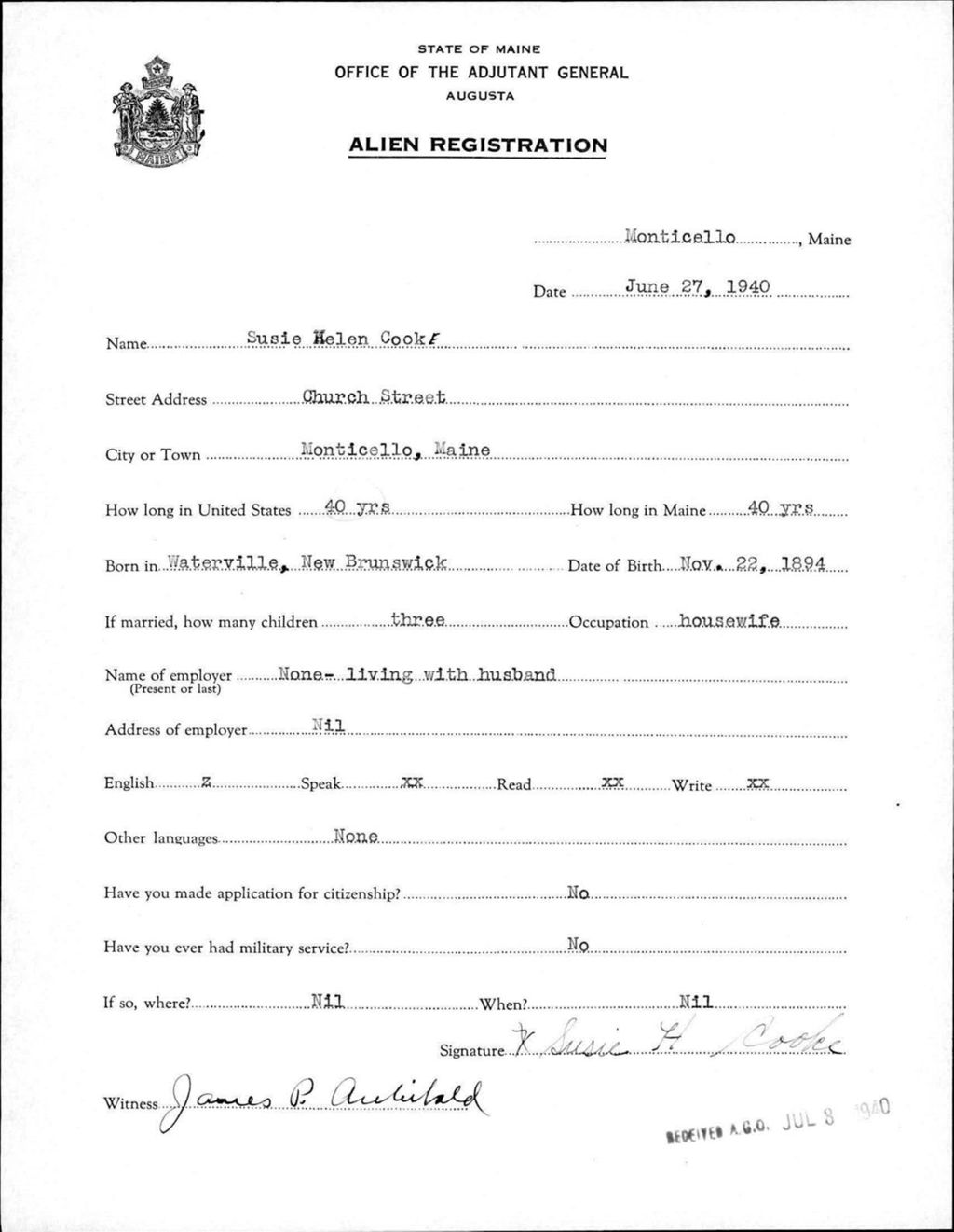 Miniature of Alien Registration- Cooke, Susie H. (Monticello, Aroostook County)