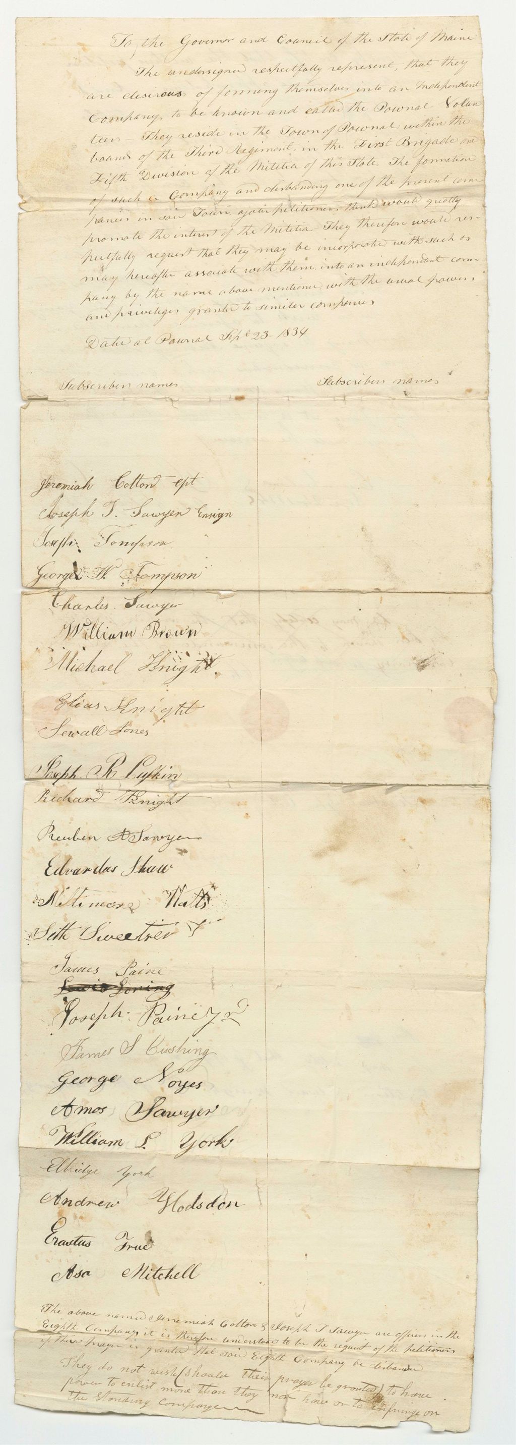 Miniature of Petition of Jeremiah Cotton and Others for a Company of Light Infantry in Pownal