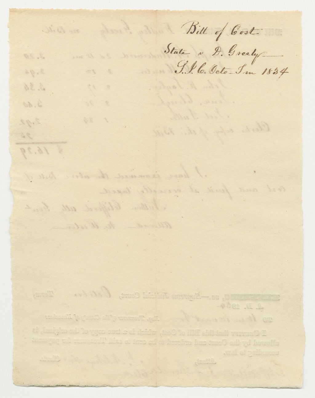 Miniature of Bills of Cost at the Supreme Judicial Court of Kennebec County, October Term 1834