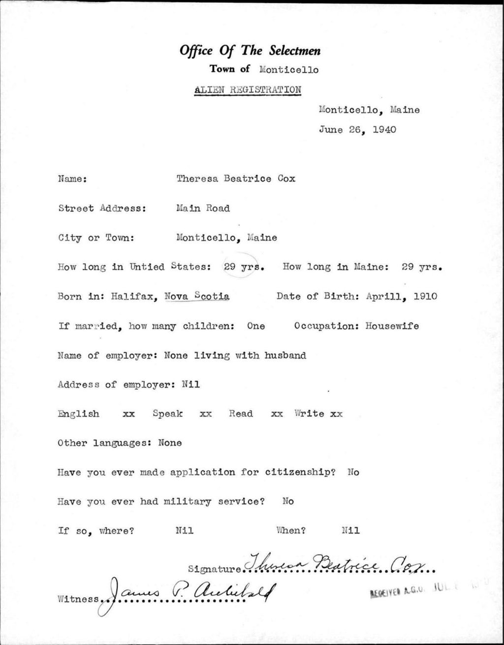 Miniature of Alien Registration- Cox, Theresa B. (Monticello, Aroostook County)