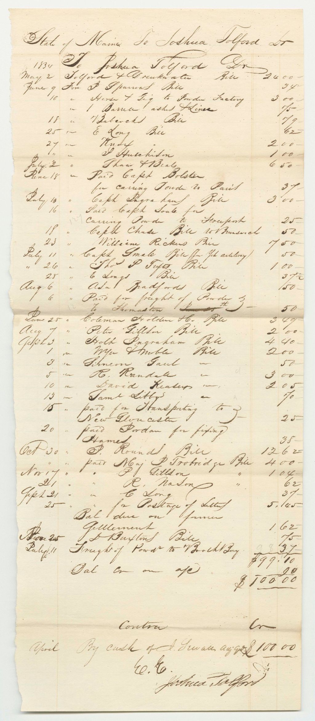 Miniature of Receipts from the Account of Joseph Sewall, Late Adjutant General, for May and August of 1834