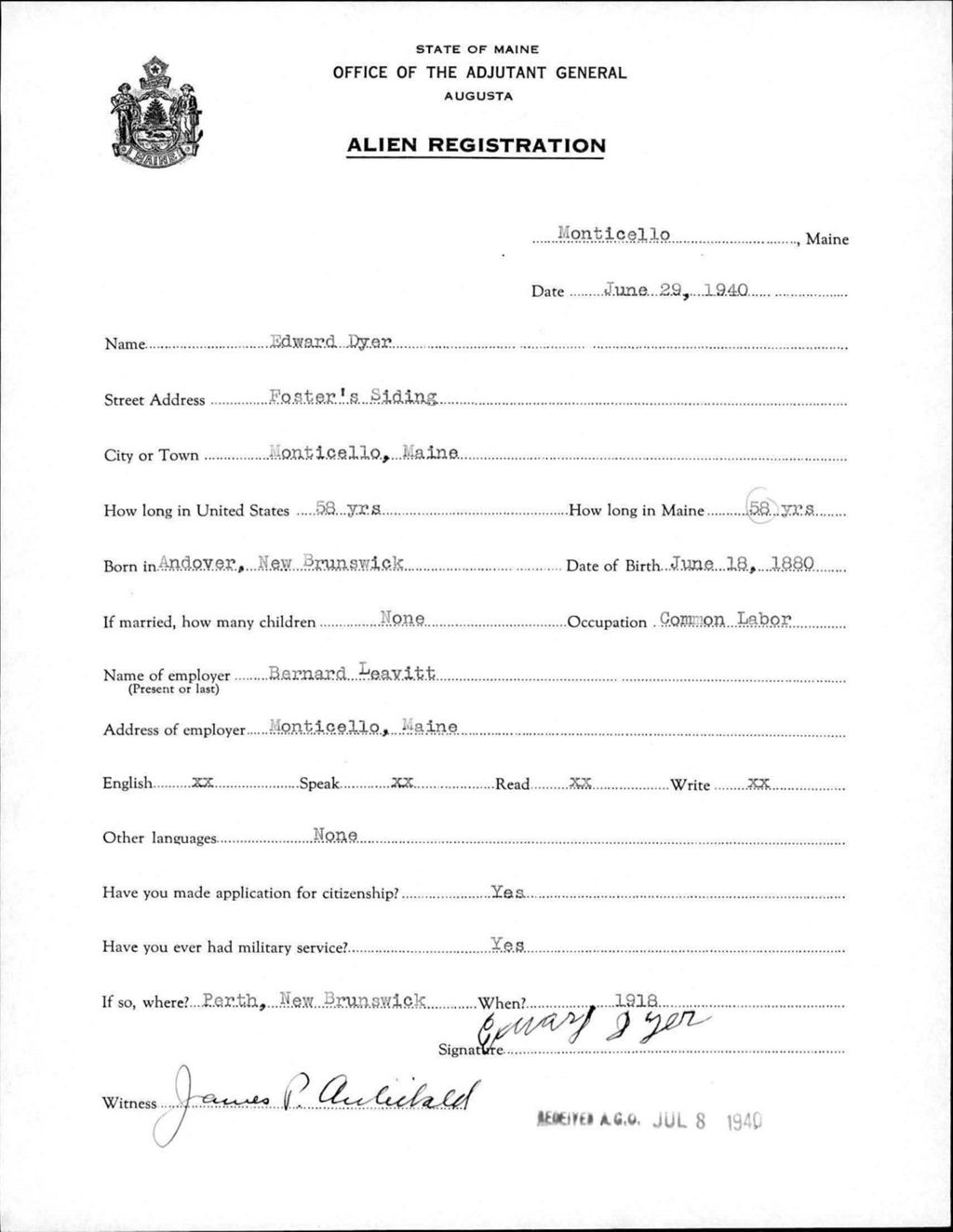 Miniature of Alien Registration- Dyer, Edward (Monticello, Aroostook County)