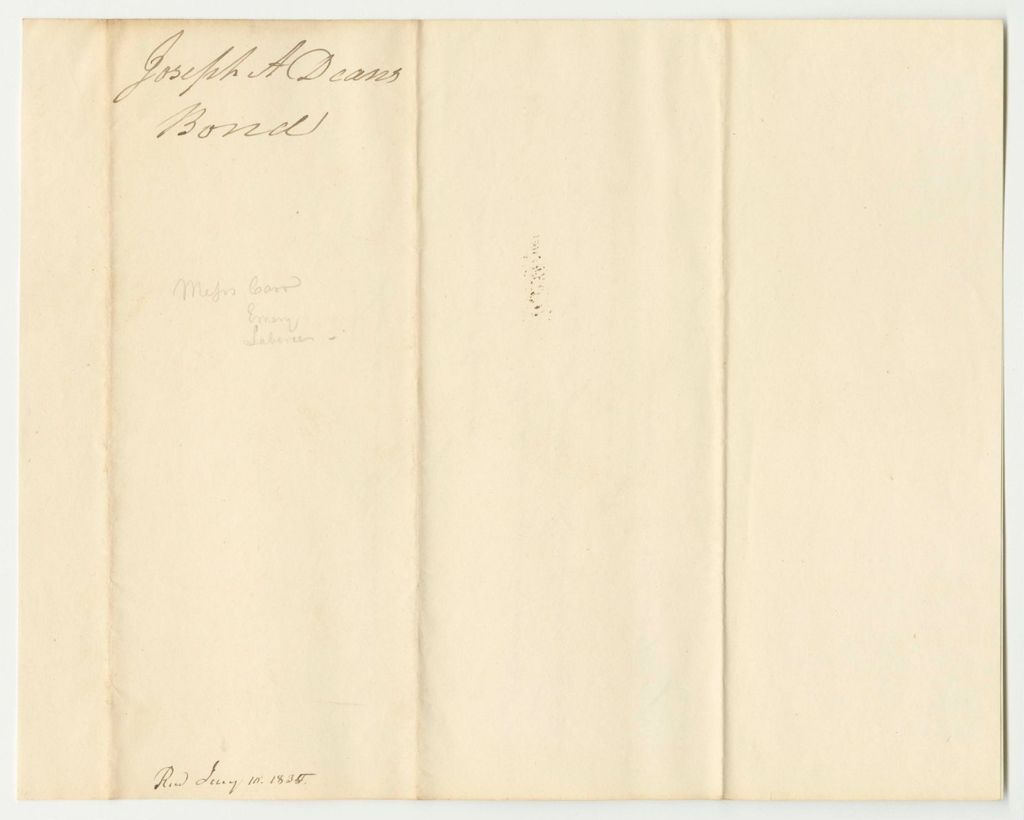 Miniature of Communication from Mark Harris, Treasurer, Enclosing Joseph A. Dean's Bond as Clerk of the Judicial Courts of Hancock County