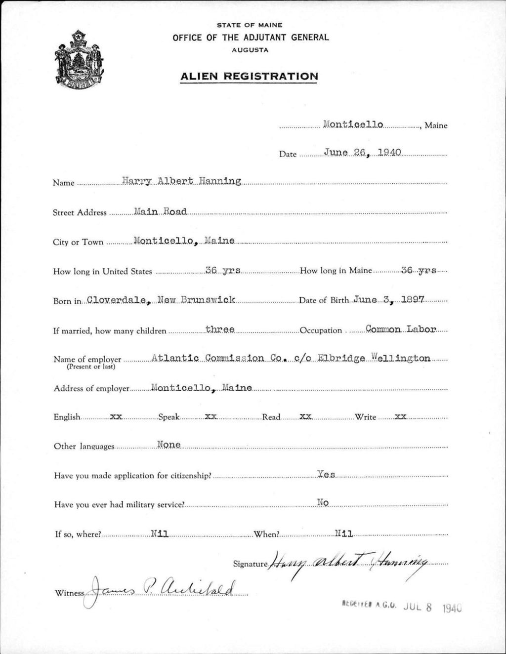 Miniature of Alien Registration- Hanning, Harry A. (Monticello, Aroostook County)
