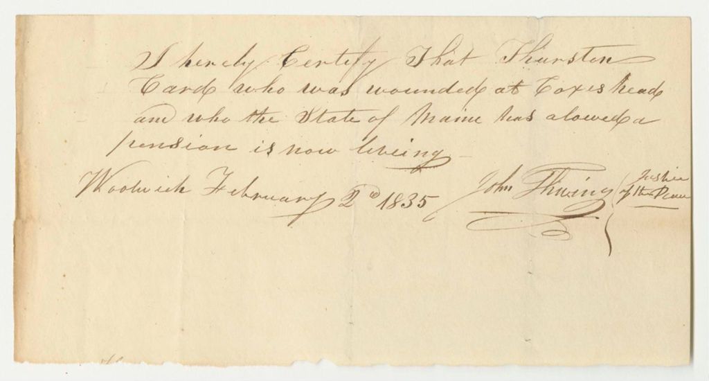 Miniature of Certificate of John Thwing for the Pension of Thurston Card